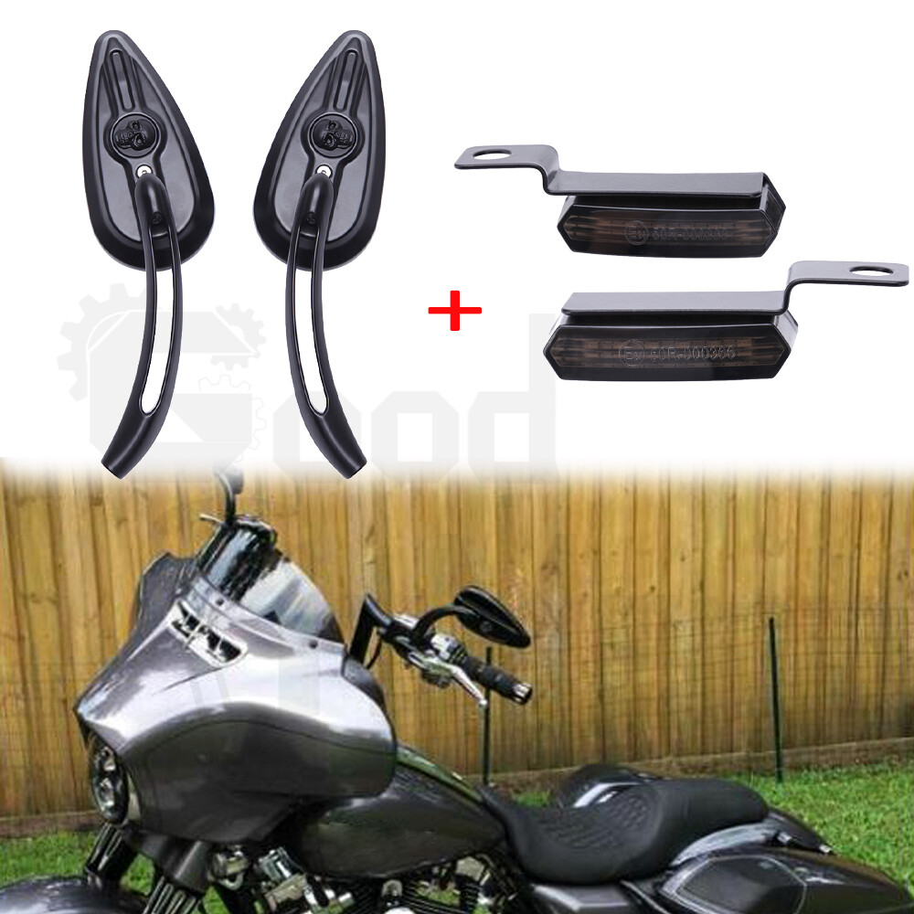 Motorcycle Skull Mirrors w/ LED Turn Signals For Harley Road King Glide Softail