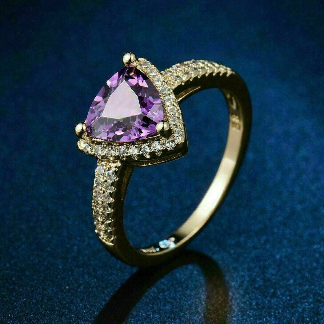 2.20 Ct Trillion Cut Purple Amethyst Halo Engagement Ring 14K Yellow Gold Finis