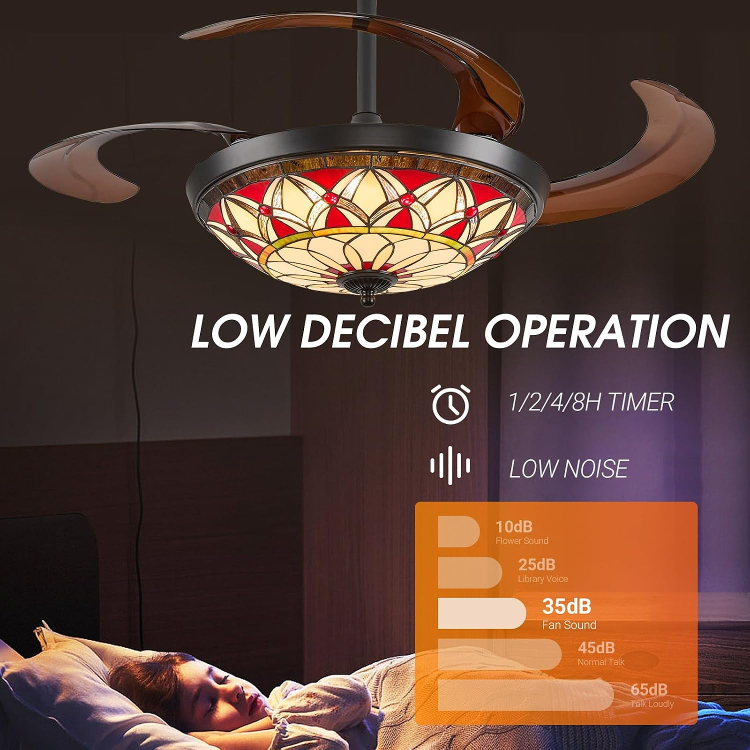 Ceiling Fan with Light - 48" Retractable Ceiling Fan with Remote, 4 Hidden Blade