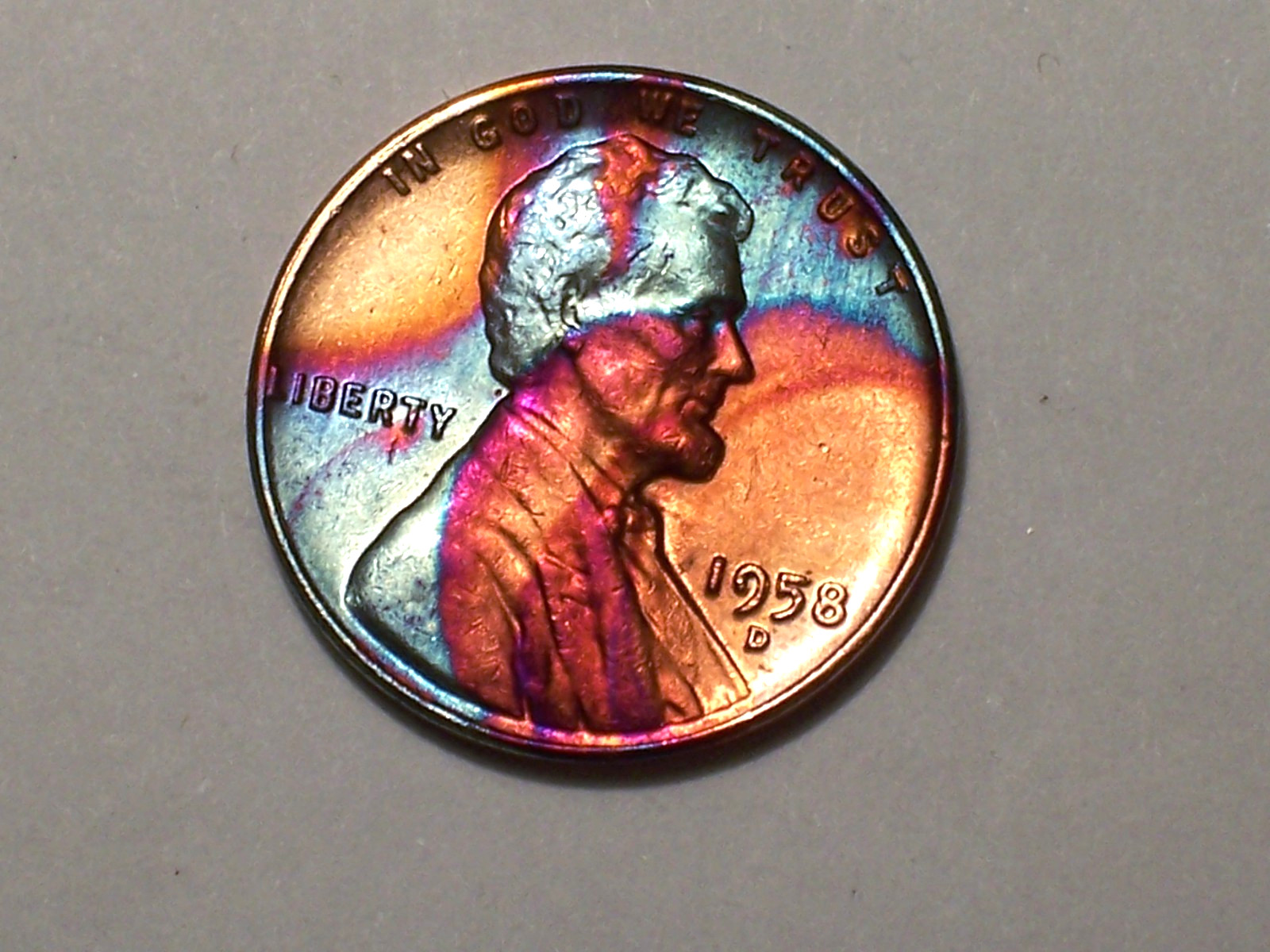 1958-D @   Stunning"   Rainbow colors on this old Lincoln Penny.#383