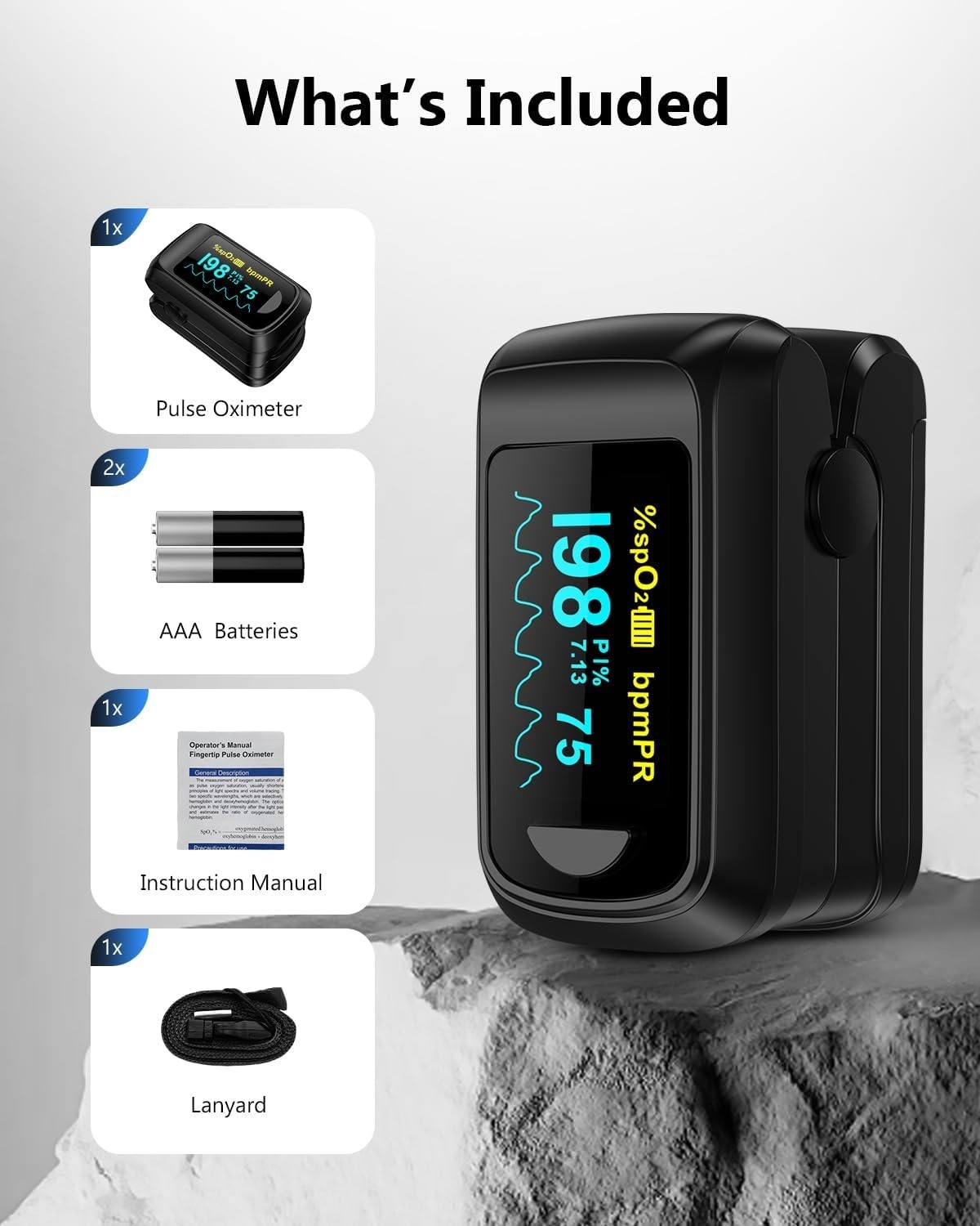 Lightweight Wireless Pulse Oximeter with 2 AAA Batteries & User-Friendly Design