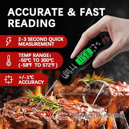 Meat Thermometer Digital，IP67 Waterproof Cooking Thermometer with Black