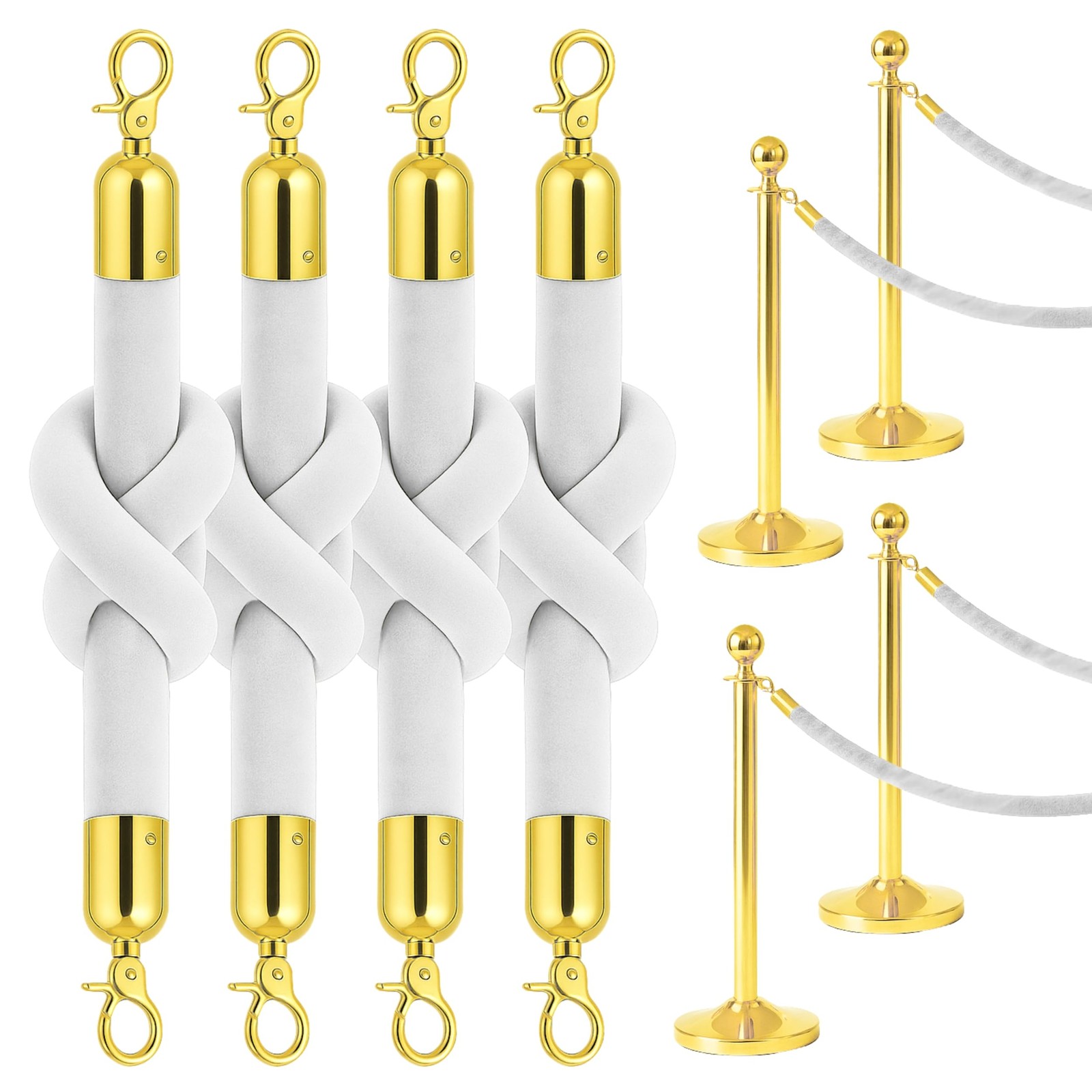 4 PCS White Velvet Rope 5 Ft Silver Snap Ends VIP Barrier Crowd Control