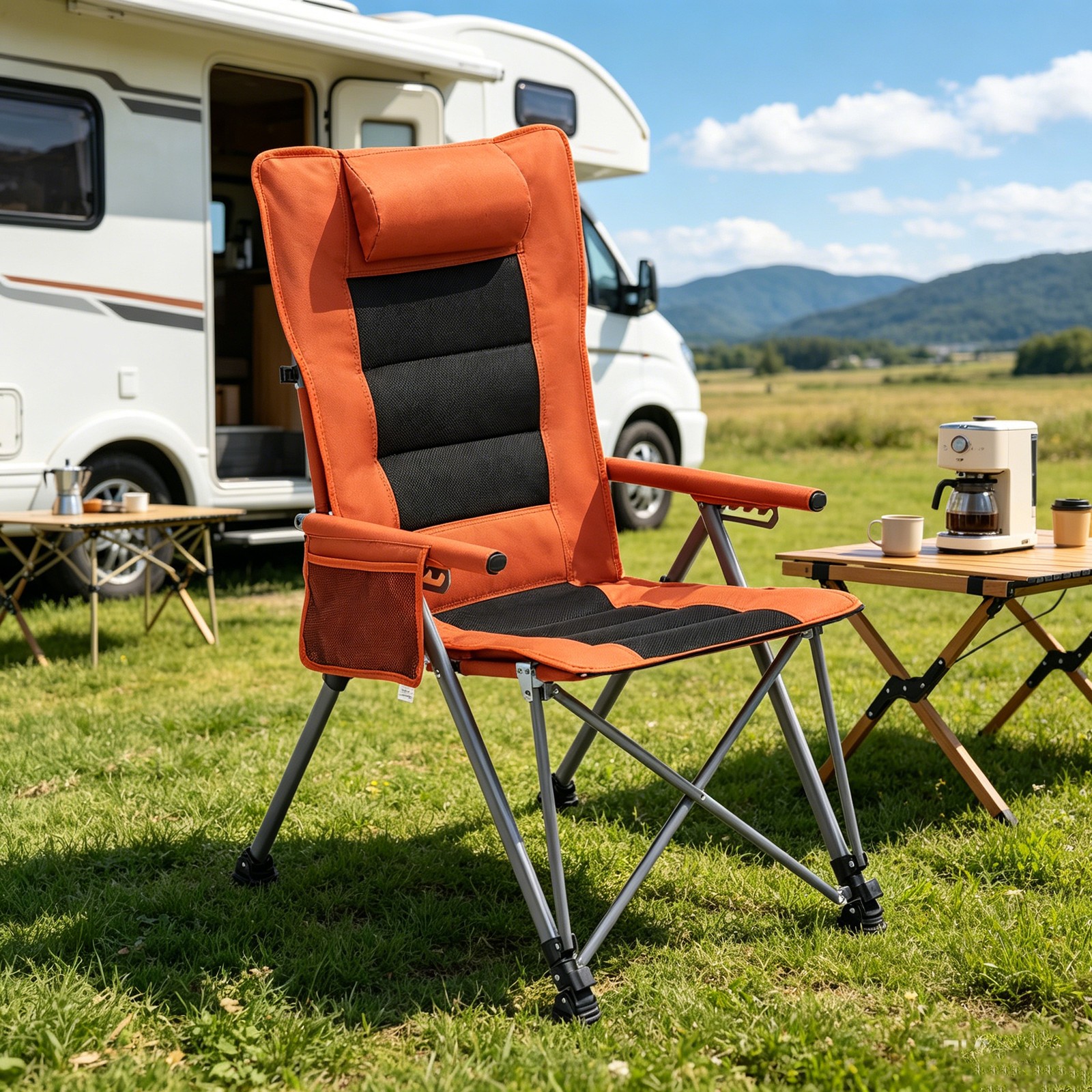 5-Position Adjustable Reclining Camping Chair with Side Pocket & Bag, Orange