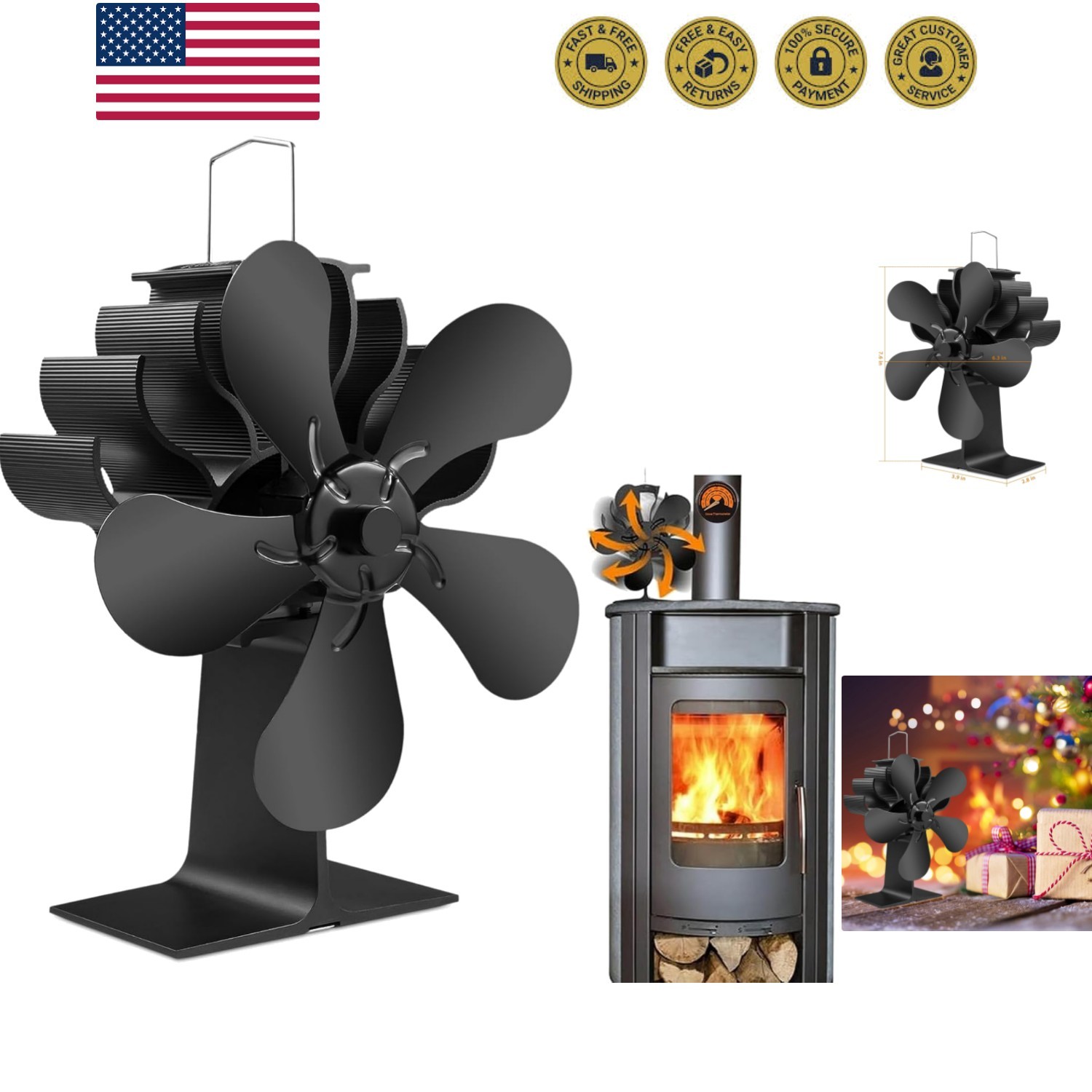 Heat Powered Fireplace Fans, Non Electric Heat Activated Thermal Fan 5 Blades...