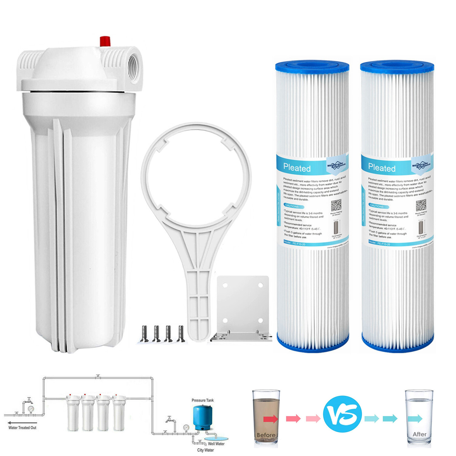 10 Inch Whole House Water Filter Housing System &2pcs 10" x2.5" Pleated Sediment
