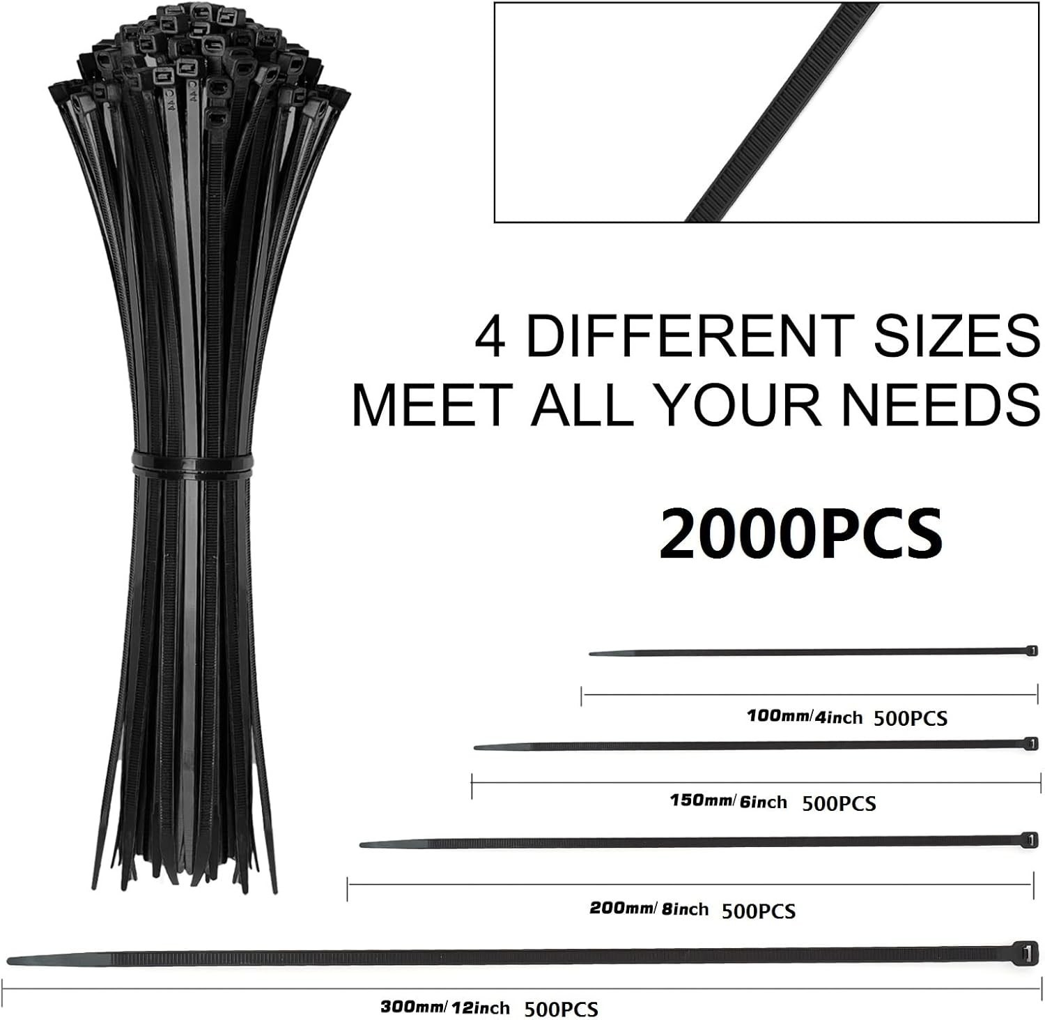 Zip Ties Assorted Sizes(4”+6”+8”+12”), 2000 Pack,Black Cable Ties,Multi-Purpose