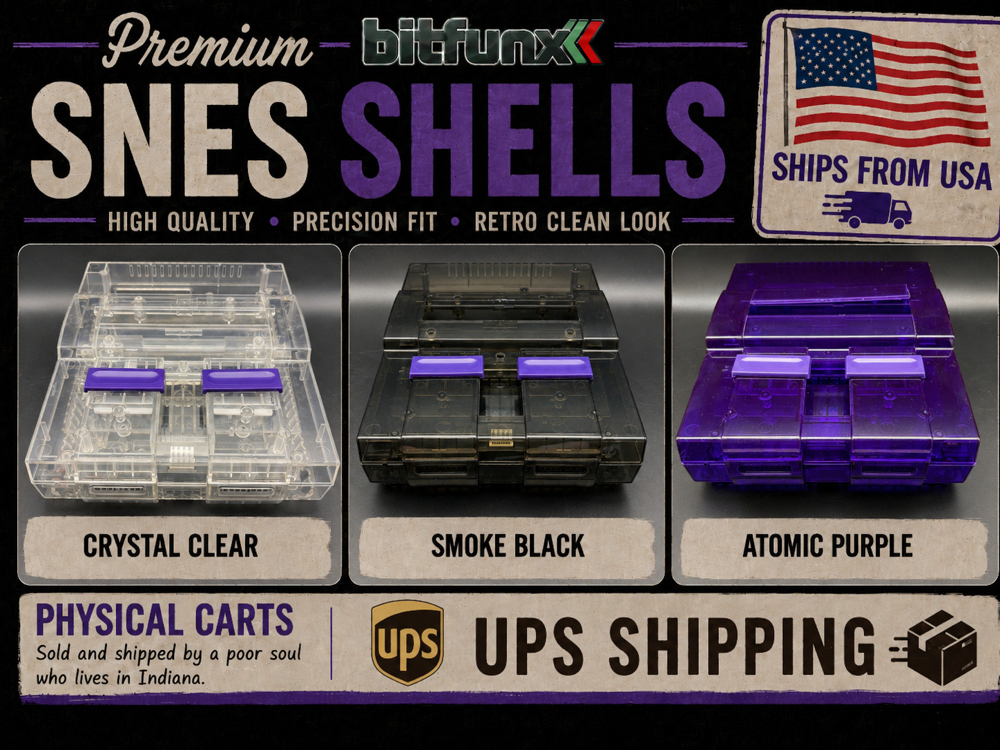 BITFUNX SNES Replacement Shell Clear, Clear Black, Clear Purple - USA Seller