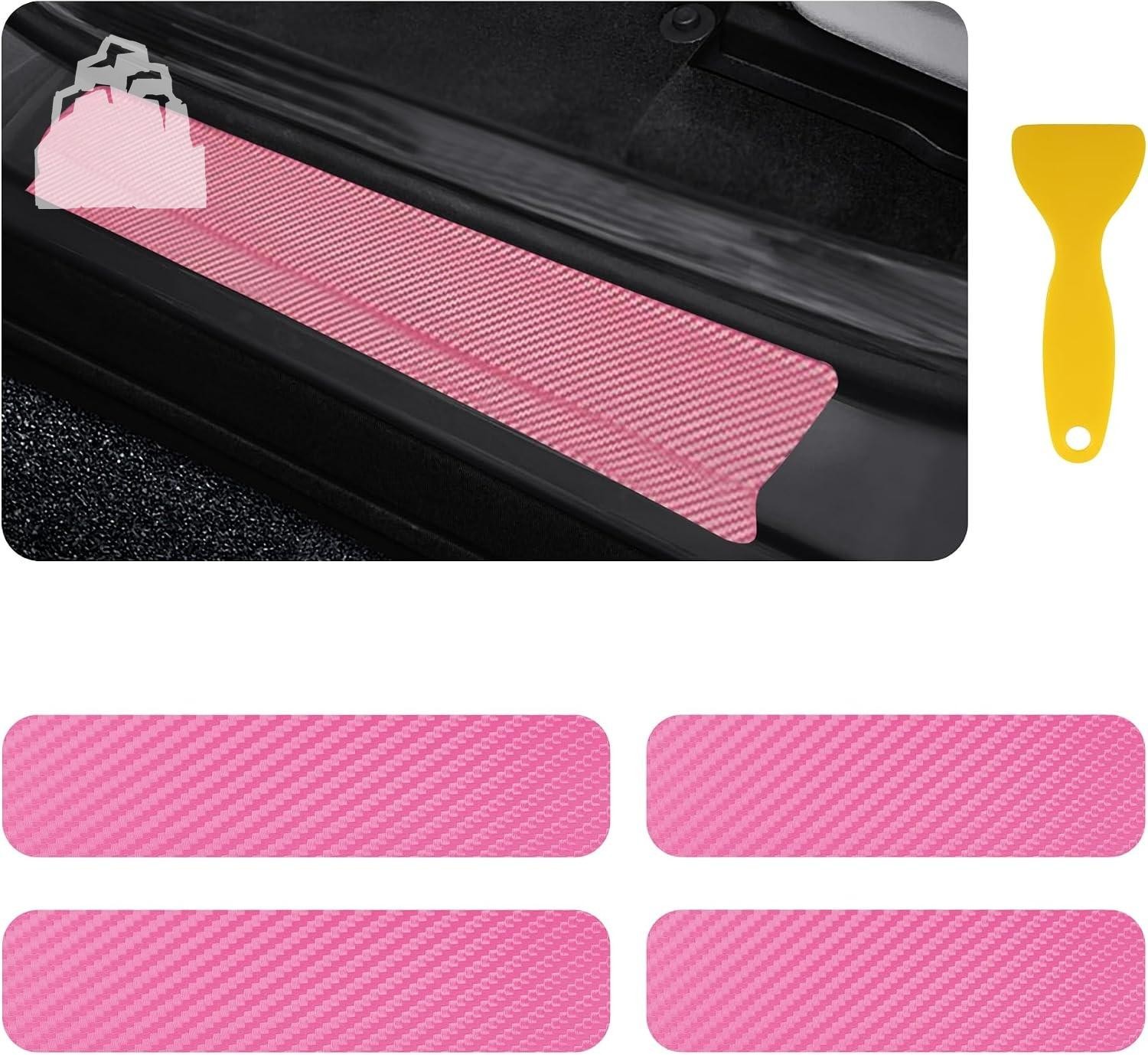 Car Door Sill Protector 4PC Carbon Fiber Edge Guards w/ Scraper Pink