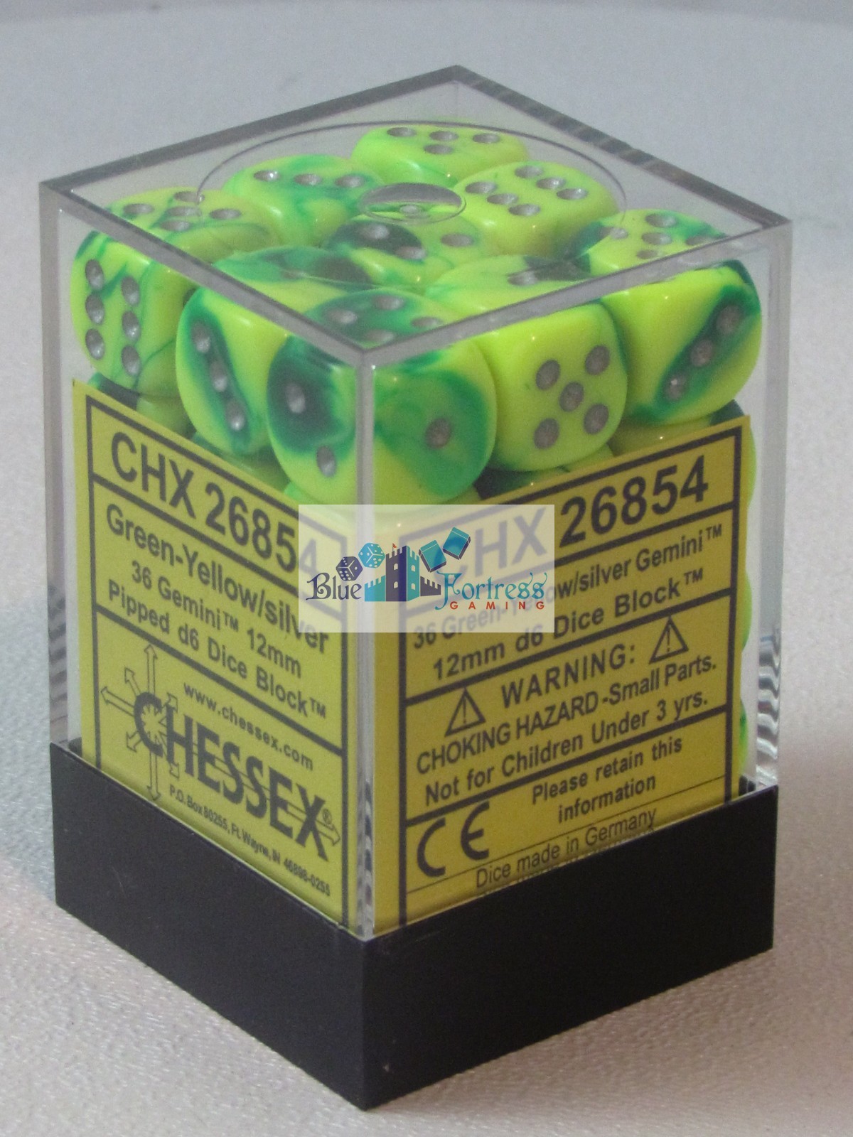 CHESSEX GEMINI 12mm SET OF 36 D6 GREEN-YELLOW SILVER DICE MTG