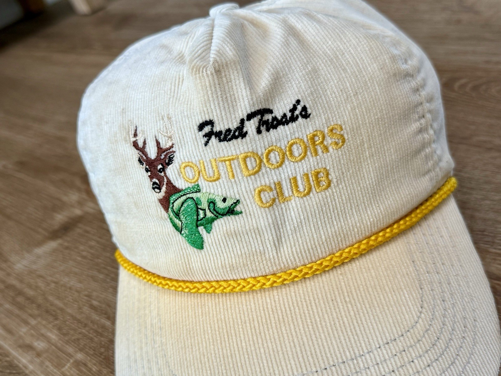FRED TROST Outdoors Club Corduroy Rope Hat Cap SnapBack Hunting Vintage USA RARE