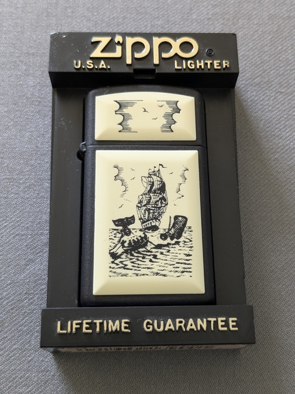 VINTAGE 1993 WHALE & SHIP SCRIMSHAW BLACK MATTE SLIM ZIPPO LIGHTER MIB RARE