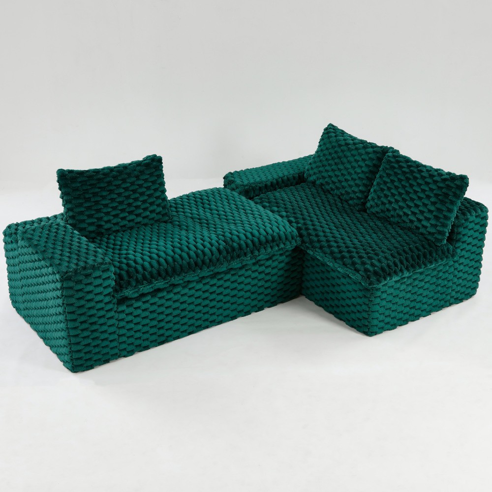 Green Velvet Convertible Sofa w/ Chaise Lounge - L-Shape Couch for Living Room