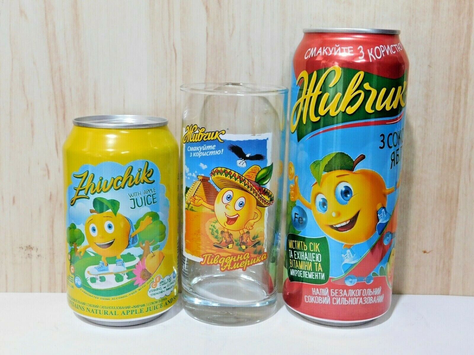 ZHIVCHIK Empty Soda Cans and Glass Obolon Ukraine 2021 Bottom Open Cans Set of 3