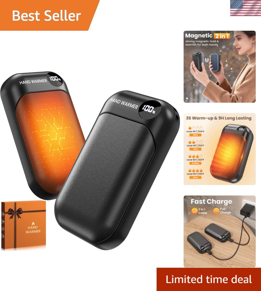 Hand Warmers Rechargeable 2 Pack, 4-Levels 104°F to 131°F Electric Hand Warme...