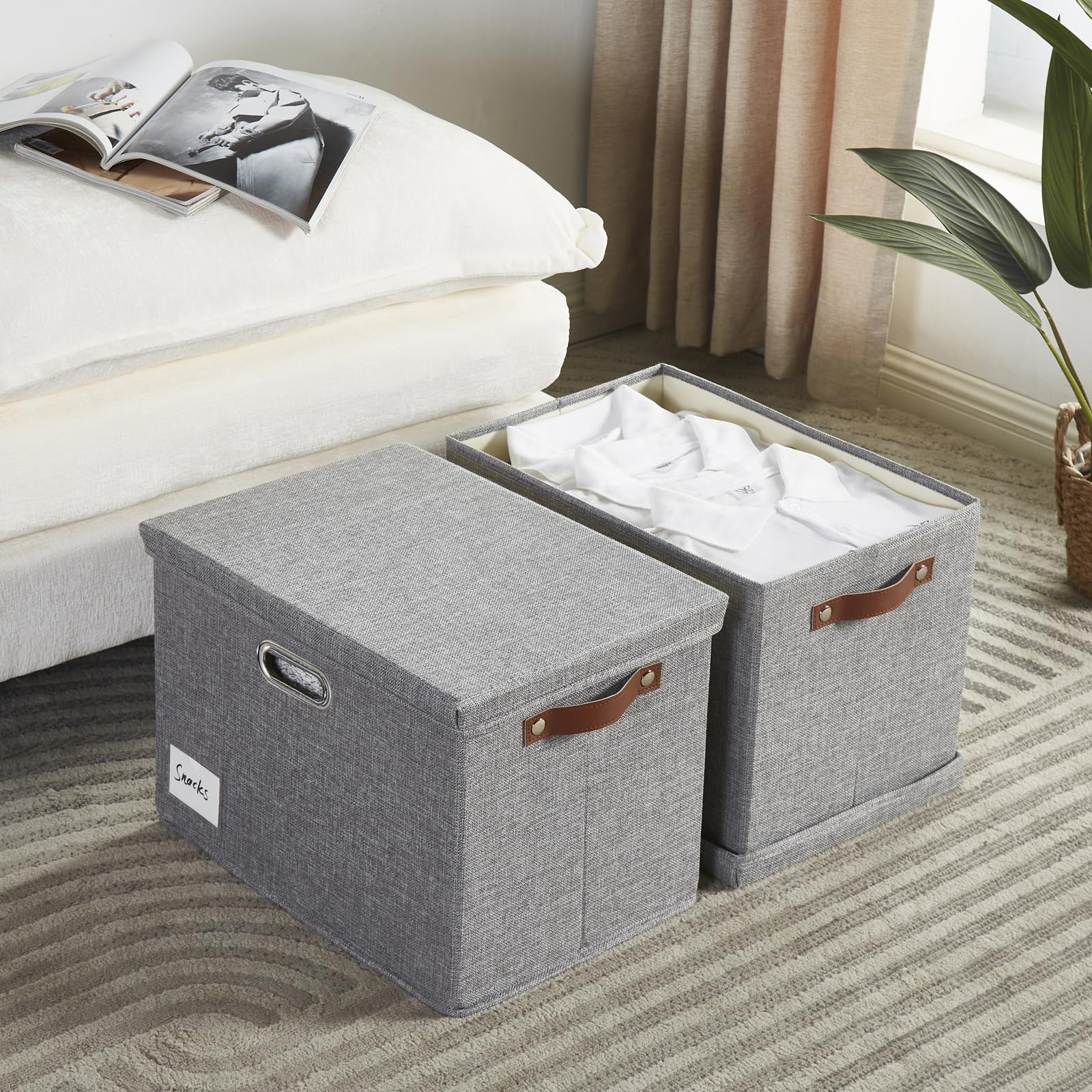 17" Large Collapsible Storage Bins with Lids, Large-17", Gray