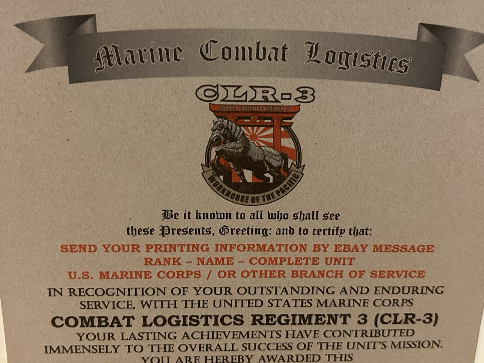 U.S.M.C. / COMBAT LOGISTICS REGIMENT 3 (CLR-3) CERTIFICATE OF COMMENDATION