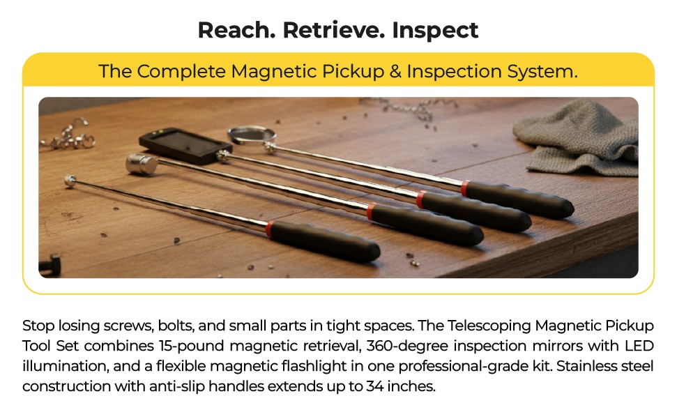 Telescoping Magnetic Pickup Tool Set 5-Piece Inspection Mirror Grabber Kit