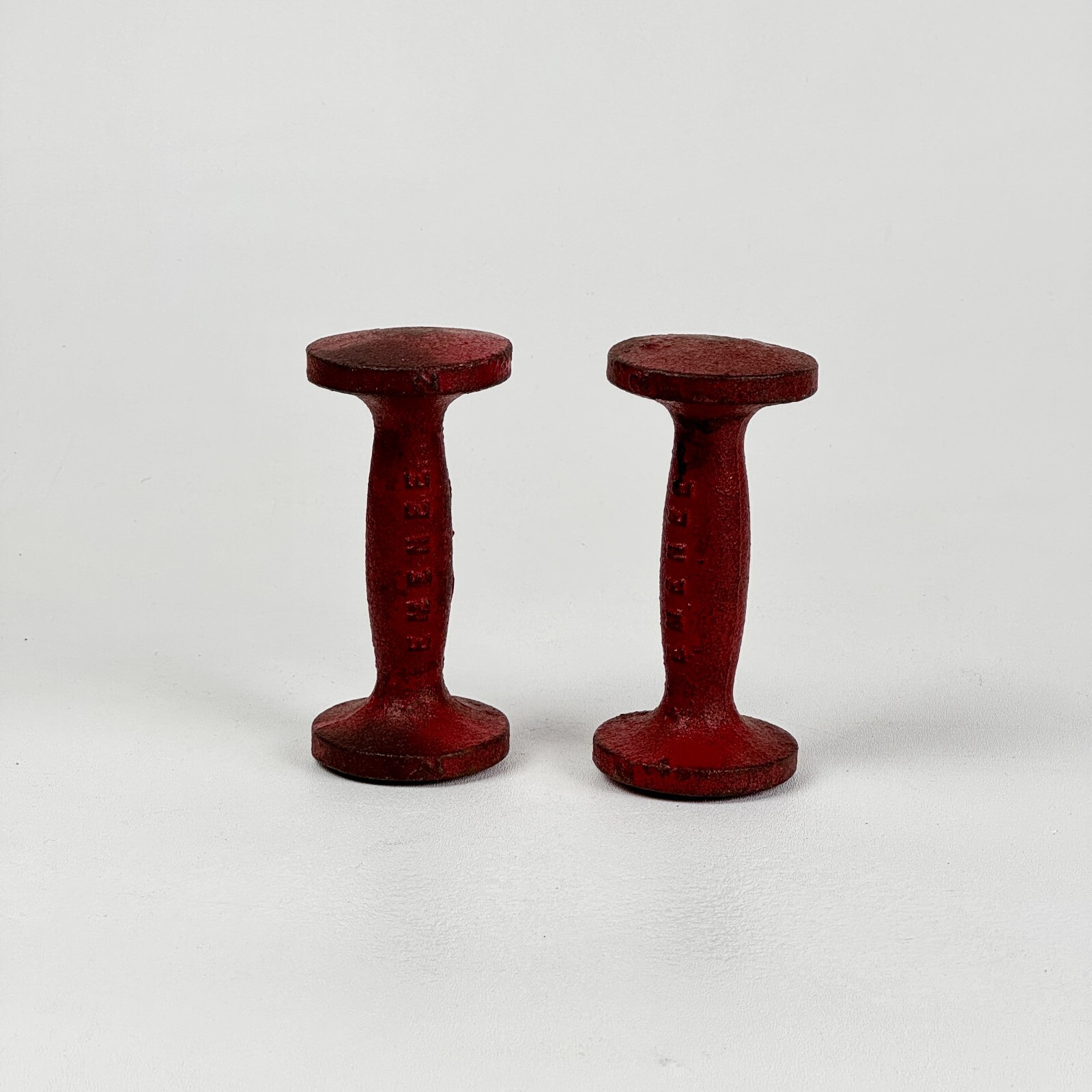 Vintage Pair of Red 2 Lb Cast Iron Dumbbells by Emenee, Man Cave Decor, Mid 20th