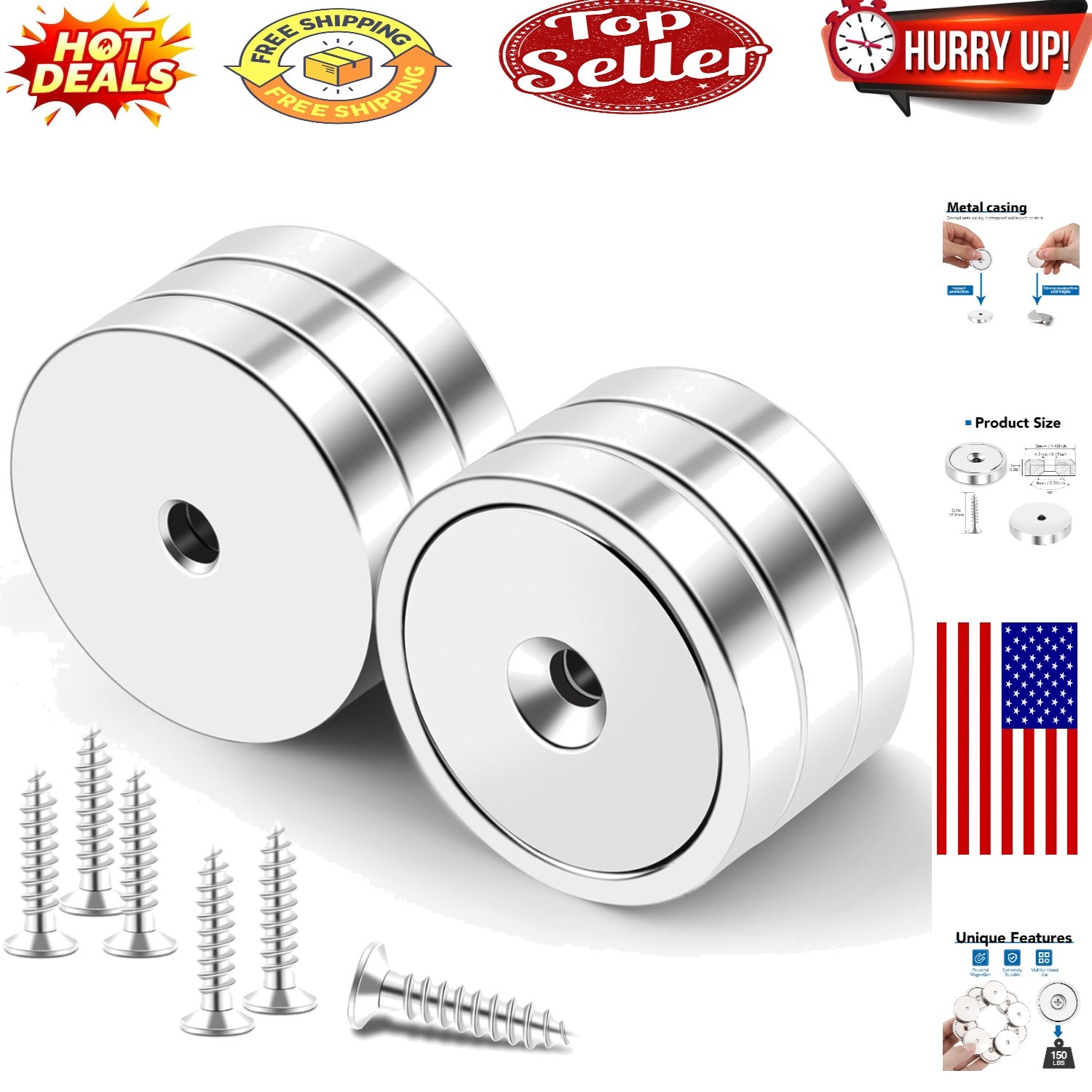 Heavy-Duty Silver Neodymium Cup Magnets - 6 Pack with Screws for Versatile Use