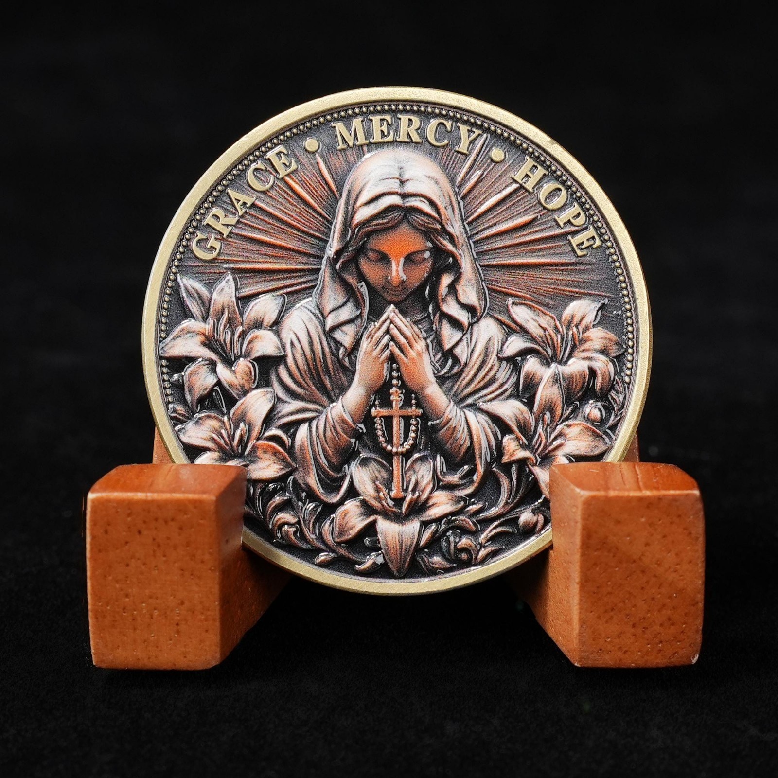 Virgin Mary Prayer Coin Replica 2D Flat Token Antique Bronze Religious Gift