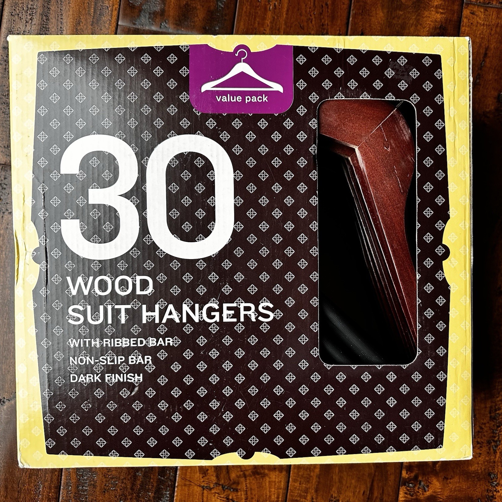 NEW Box of 30 Wood Suit Hangers - Non-slip Bar - Dark Finish