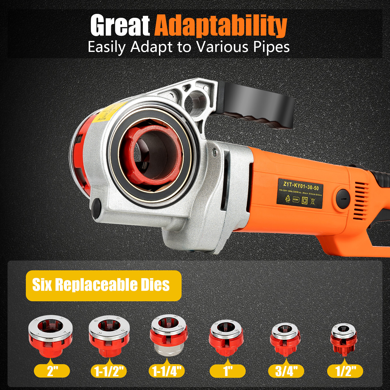 Compact Electric Pipe Threading Machine with 6 Dies, 2300W Power