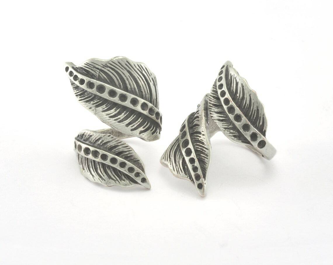 Leaf Ring Adjustable Bezel Antique Silver Plated brass 17.5mm 7US  size 2816