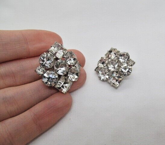 Vintage Square Clear Rounded Crystal Cluster Sparkle Clip On Earrings