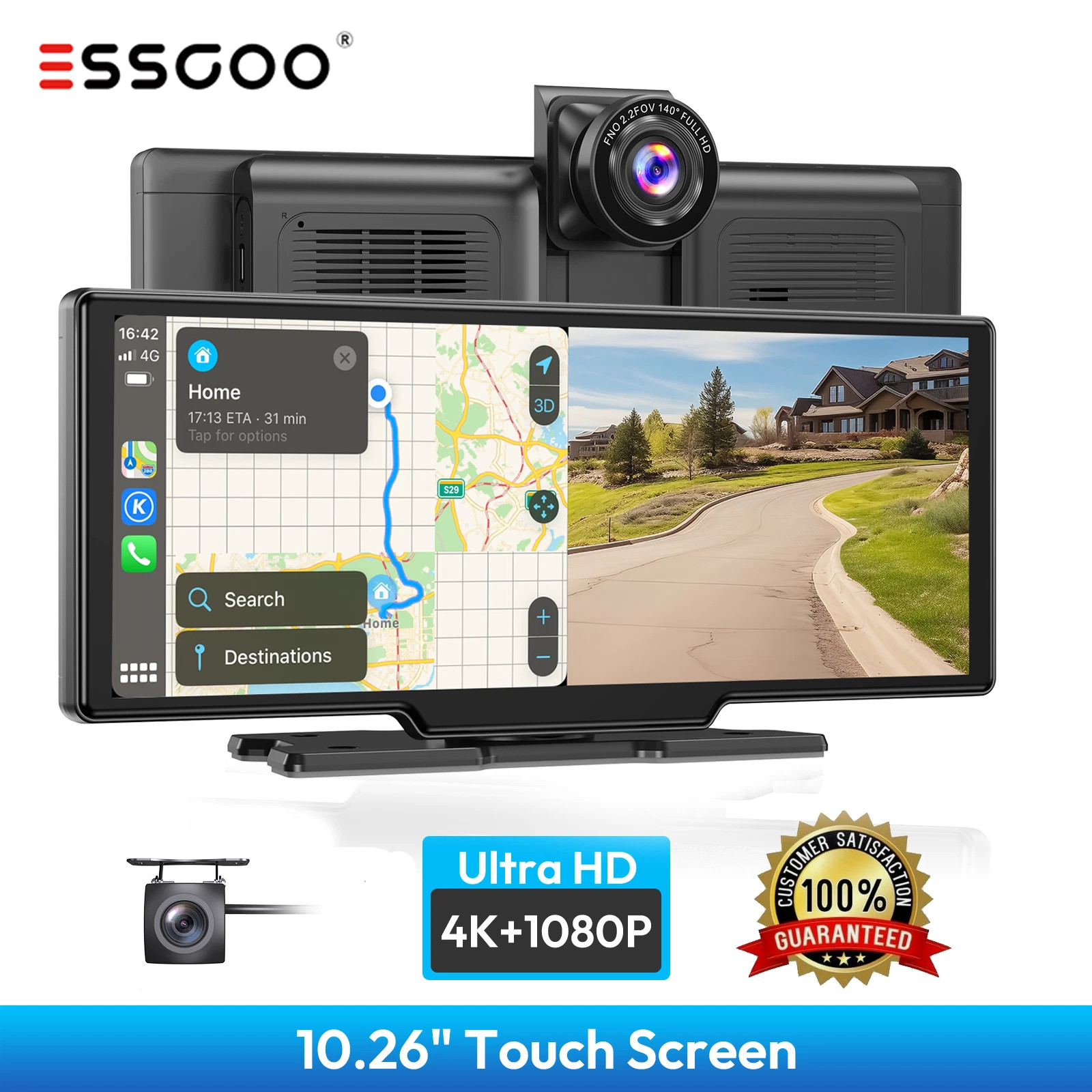 10" 4K Touch Dash Camera Cam Dual Car Recorder for CarPlay Android Auto 1080P HD