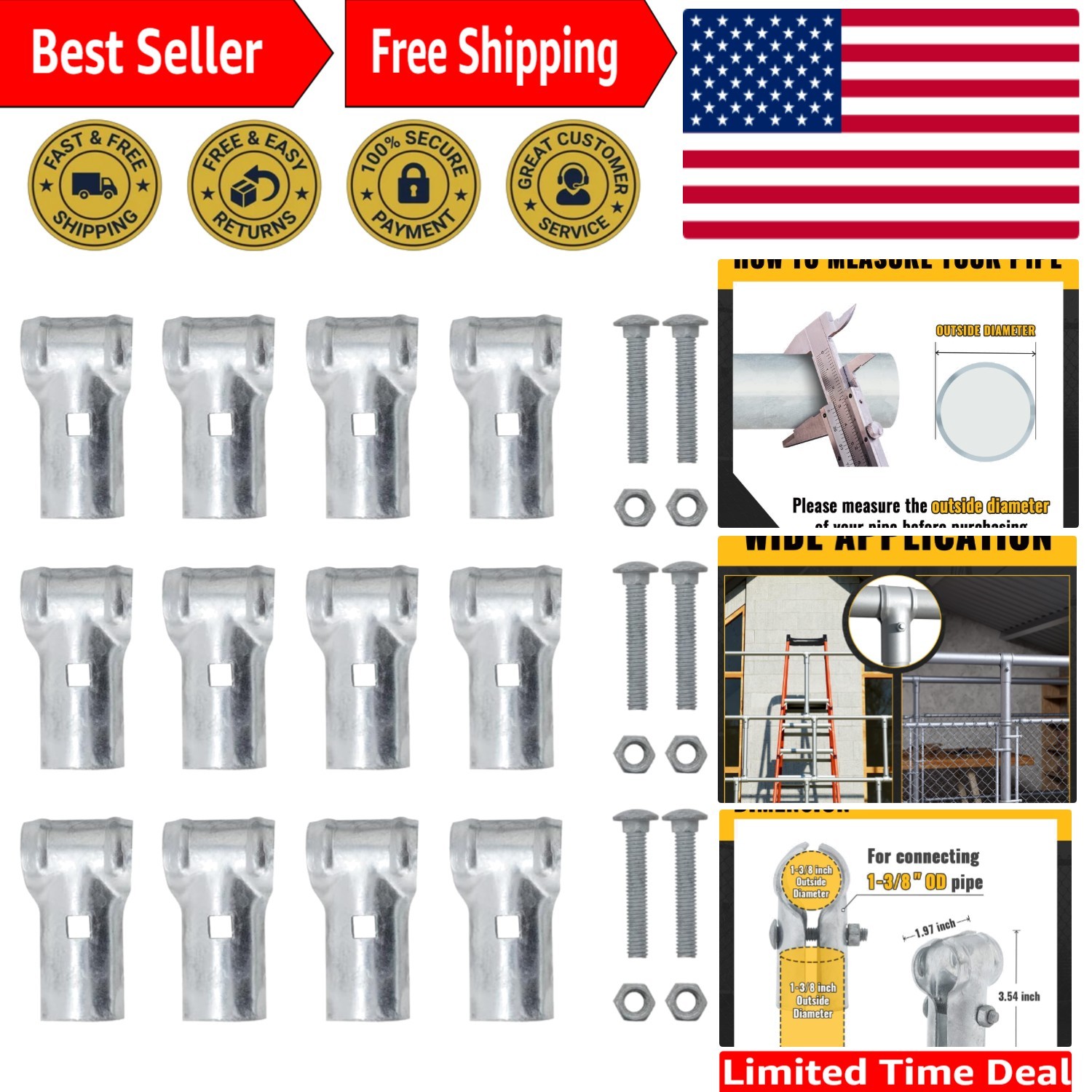 1-3/8" Galvanized End Rail T Clamps - 6 PCS for Chain Link Fencing Projects