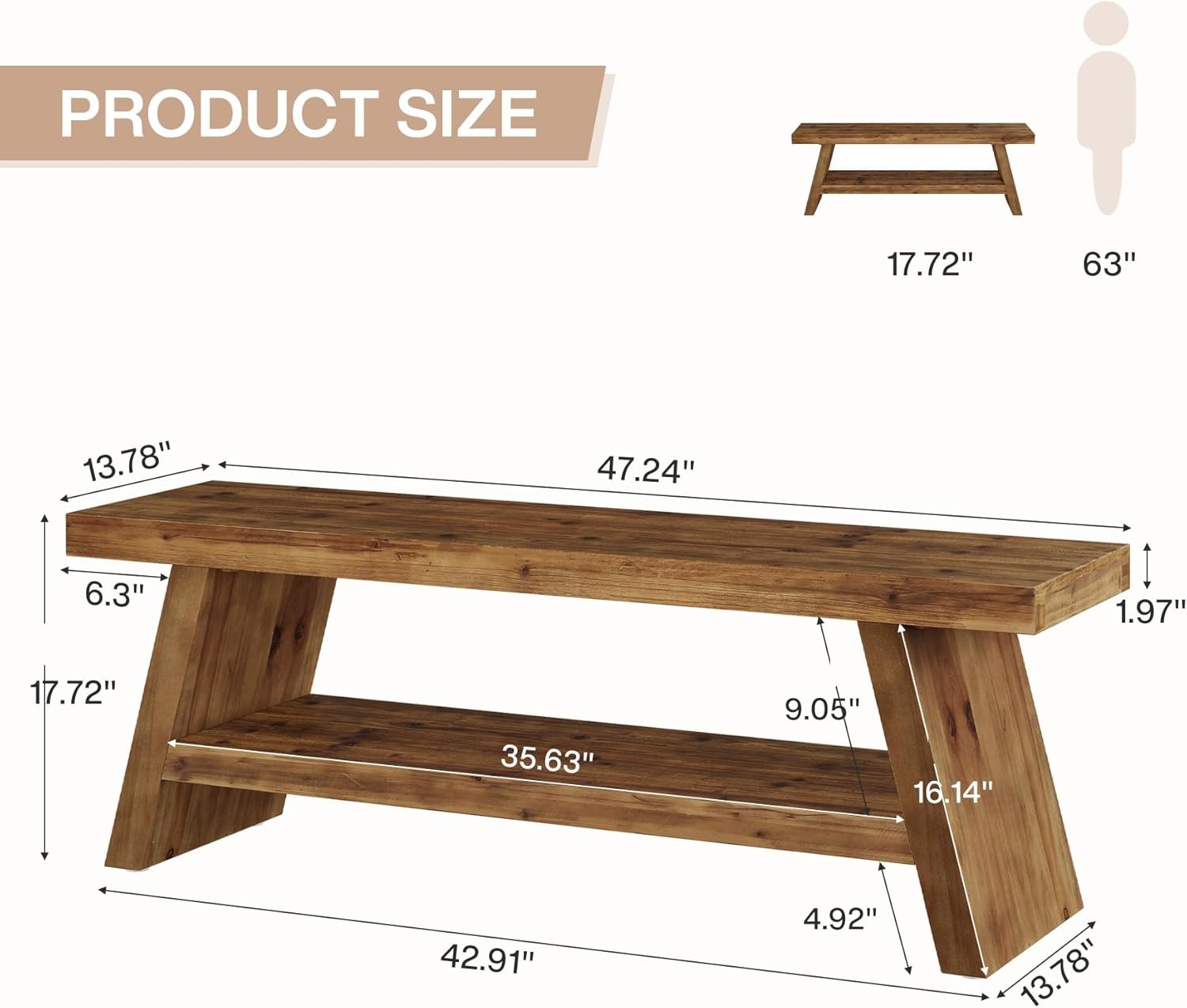 2-Tier Entryway Bench, Solid Wood Seating with Open Shelves for Hallway Foyer