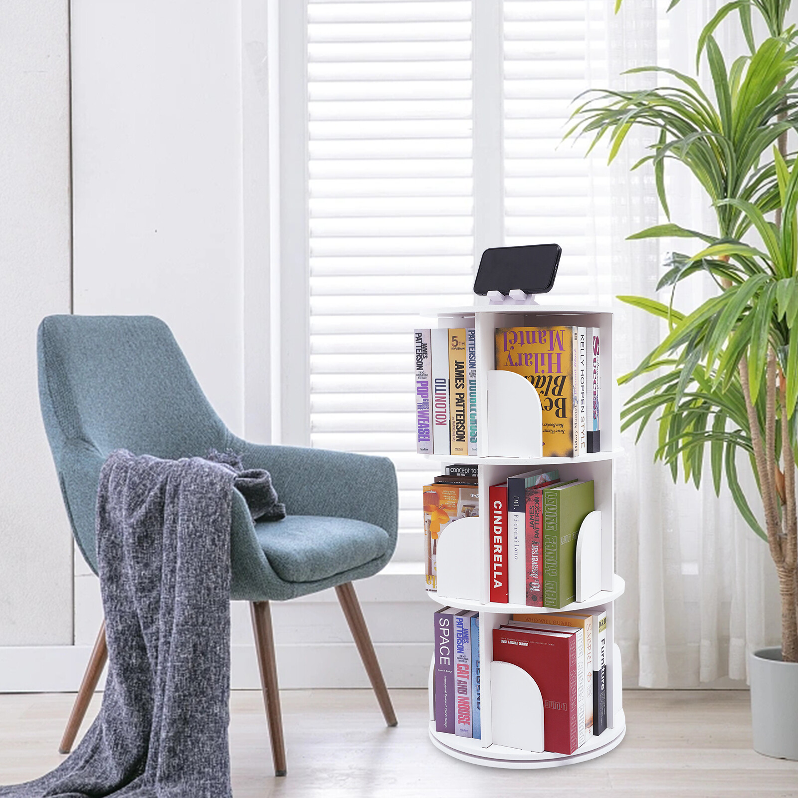 3 Tiers 360° Rotating Stackable Shelves Bookshelf Organizer Floor Standing USA