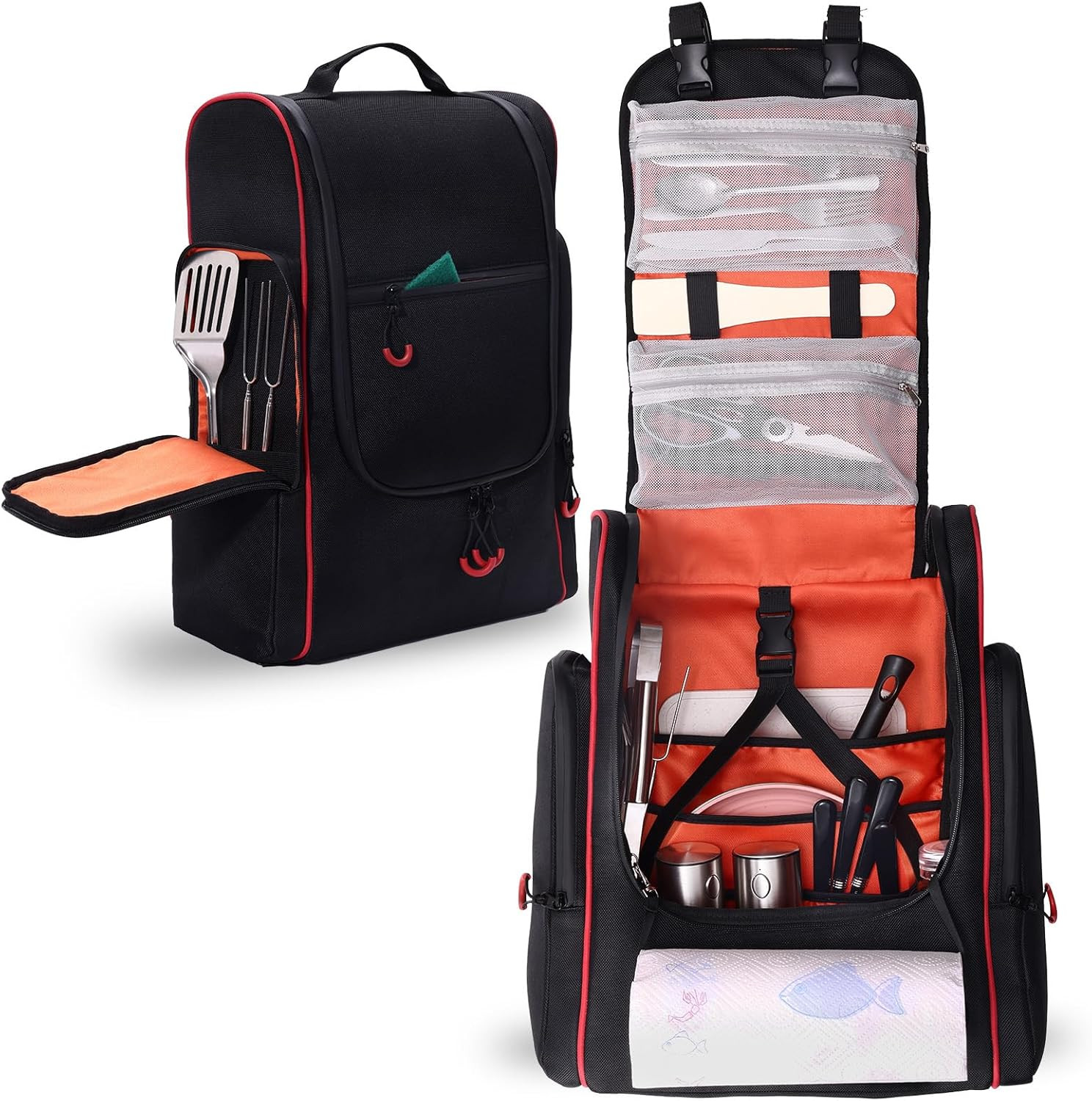 Camping Organizer for Outdoor Kitchen Storage, Large Hanging Cookware Backpack w