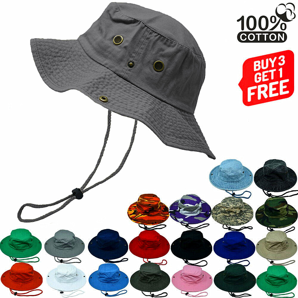 Summer Men Sun Bucket Hat 100% Cotton Fishing Camping Safari Boonie Military Cap