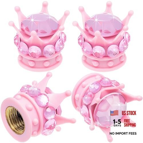 4PCS Crown Bling Tire Stem Valve Caps, Crystal Diamond Car Wheel Pink & Pink