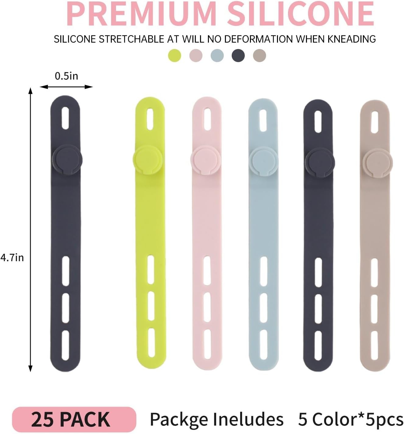 Oligei 25 Pcs Reusable Silicone Cable Ties - High Elasticity Cord Wraps, Multi