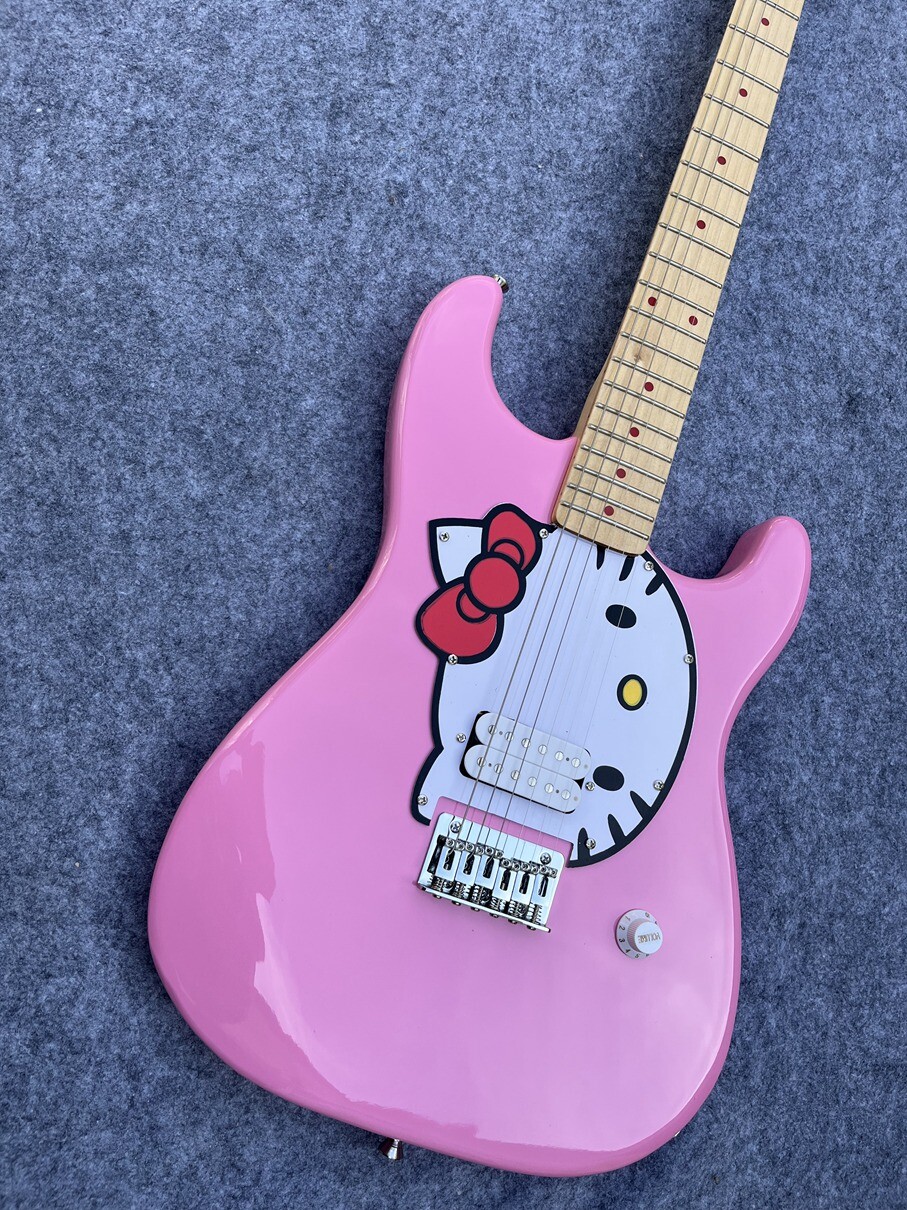 Cute Pink Kitty Cat Electric Guitar Maple Fingerboard Chrome Tremolo Bridge
