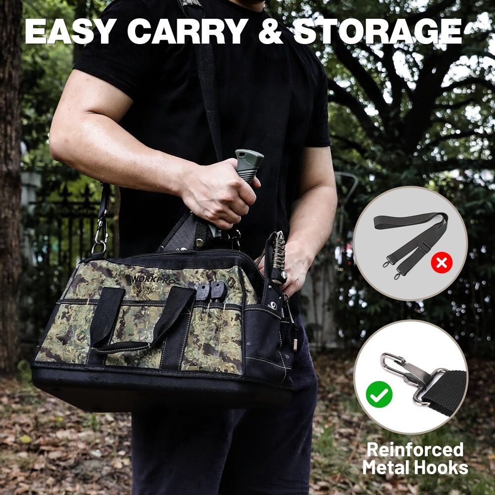 WORKPRO 16" Wide Mouth Zipper Tool Bag w/Adjustable Shoulder Strap Sturdy Bottom