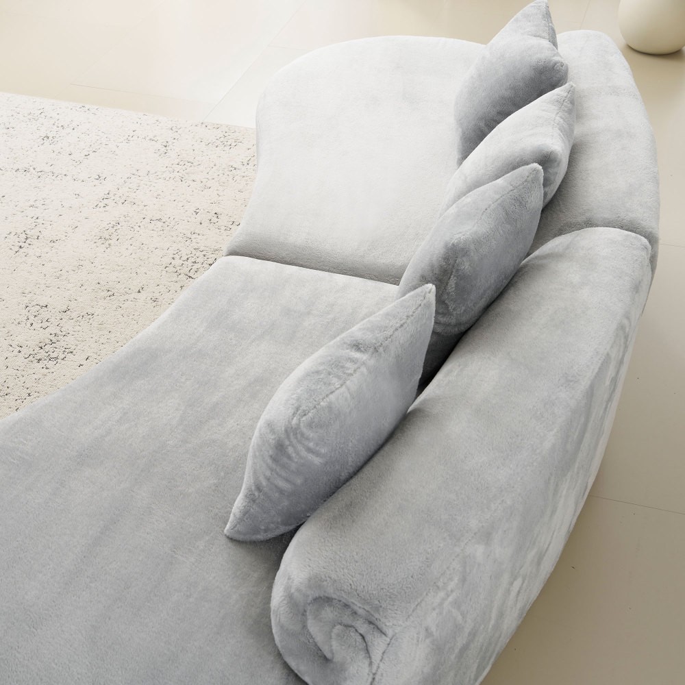 Curved Flannelette Sofa w/ Pillows, Light Gray, 4-Seat Modern Sectional