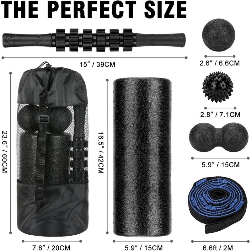 High Density Foam Roller Massage Kit W/ Deep Tissue Stick Ball Stretch Strap New