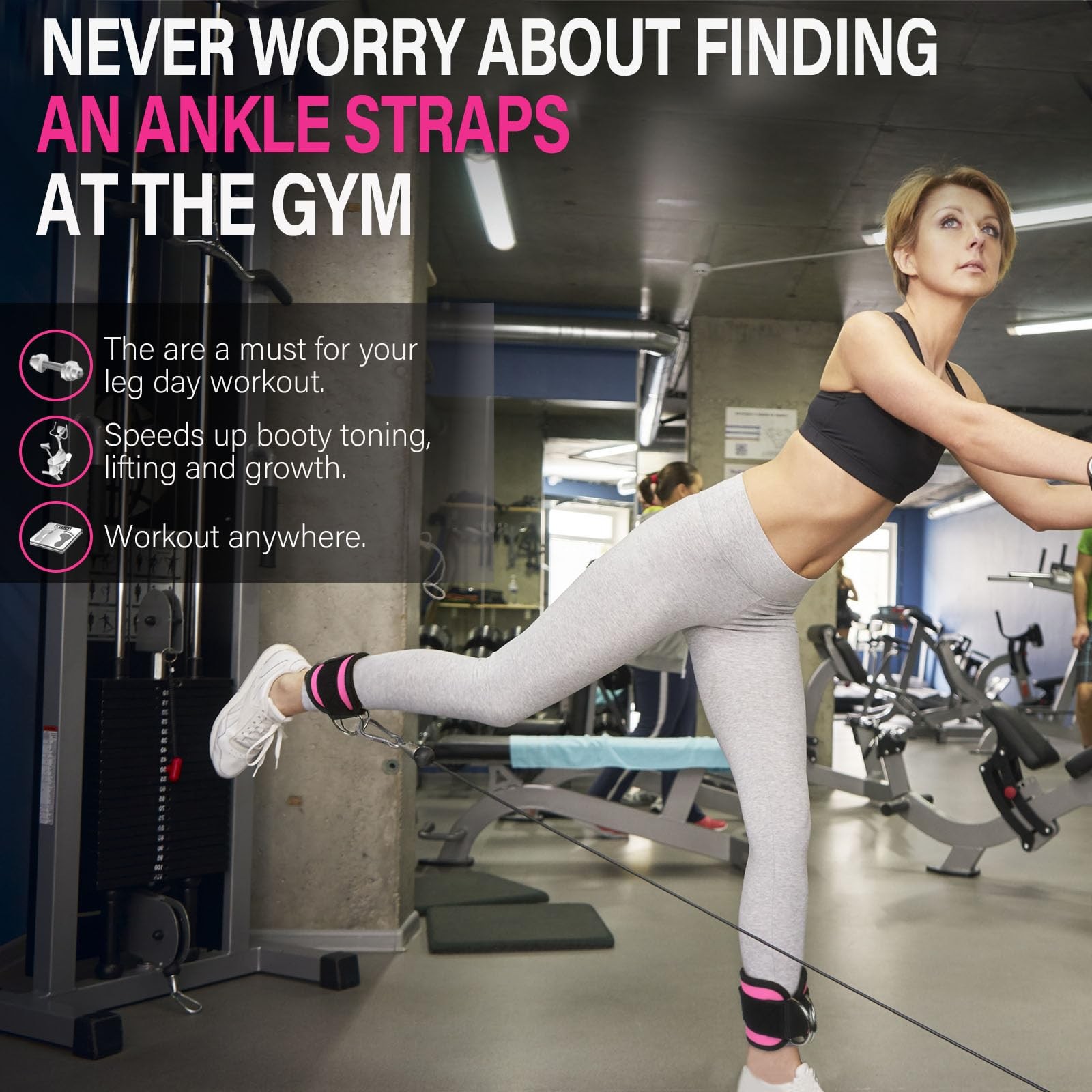 AOHO MOOON Ankle Strap for Cable Machine Attachments, gym Pink - Single