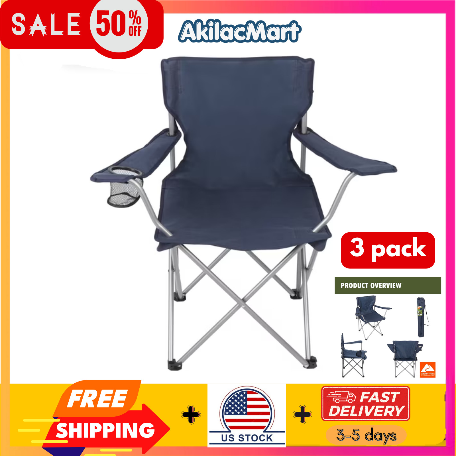 3 pack-Ozark Trail Quad Folding Camp Chair with Cup Holder, Dark Blue - FREESHIP