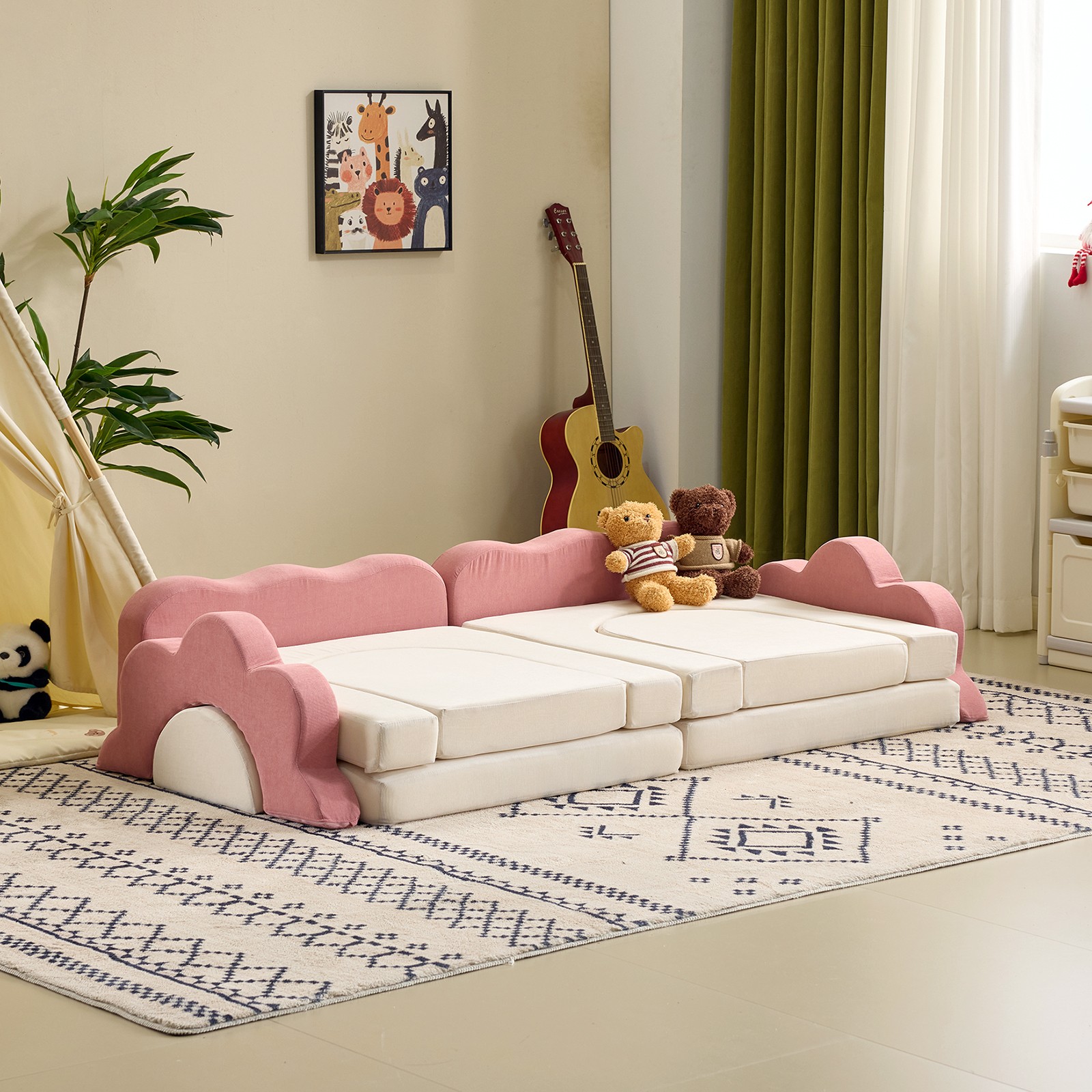 Modular Kids Sofa, All-Sponge Pink & White Corduroy, Free Combination Design
