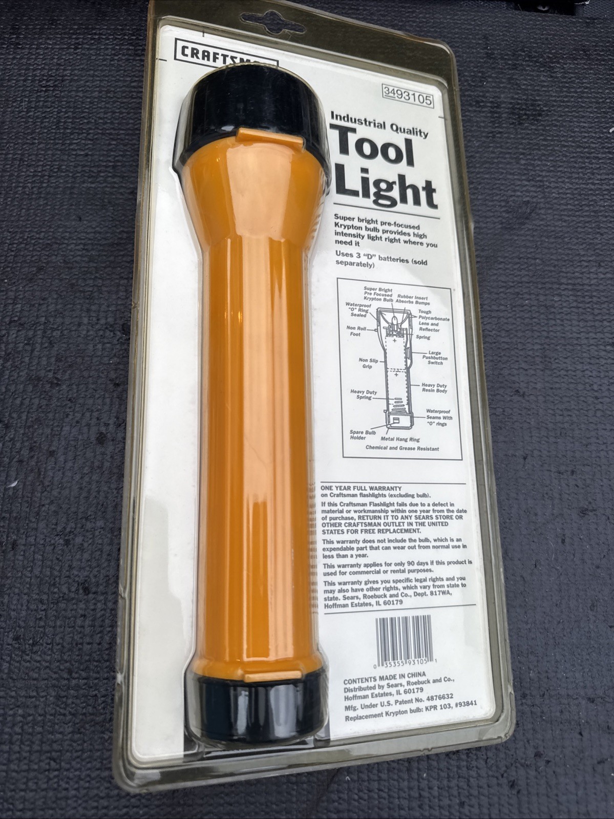 Rare Sears Craftsman Yellow Tool light 93105 3d Cell Flashlight Nos