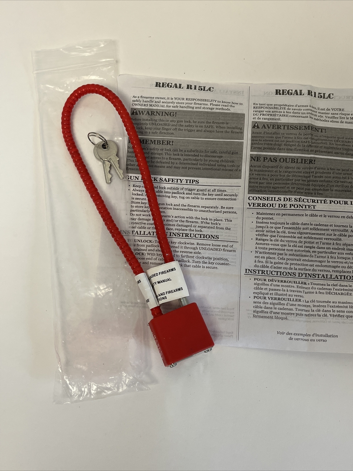 Firearm Gun Lock Cable Lock Red 15" 2 Keys Regal New Rifle / Pistol