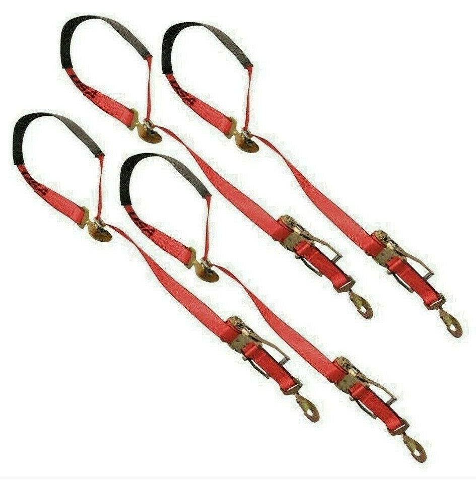 Axle Strap Ratchet Tie Down 2" x 9 FT Snap Hook (4 Pack) Sliding Sleeve Tow Haul