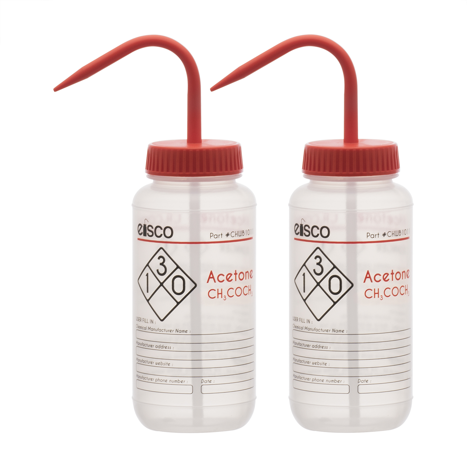 2PK Acetone Wash Bottle, 500ml - Wide Mouth, Pre-Labeled - LDPE - Eisco Labs