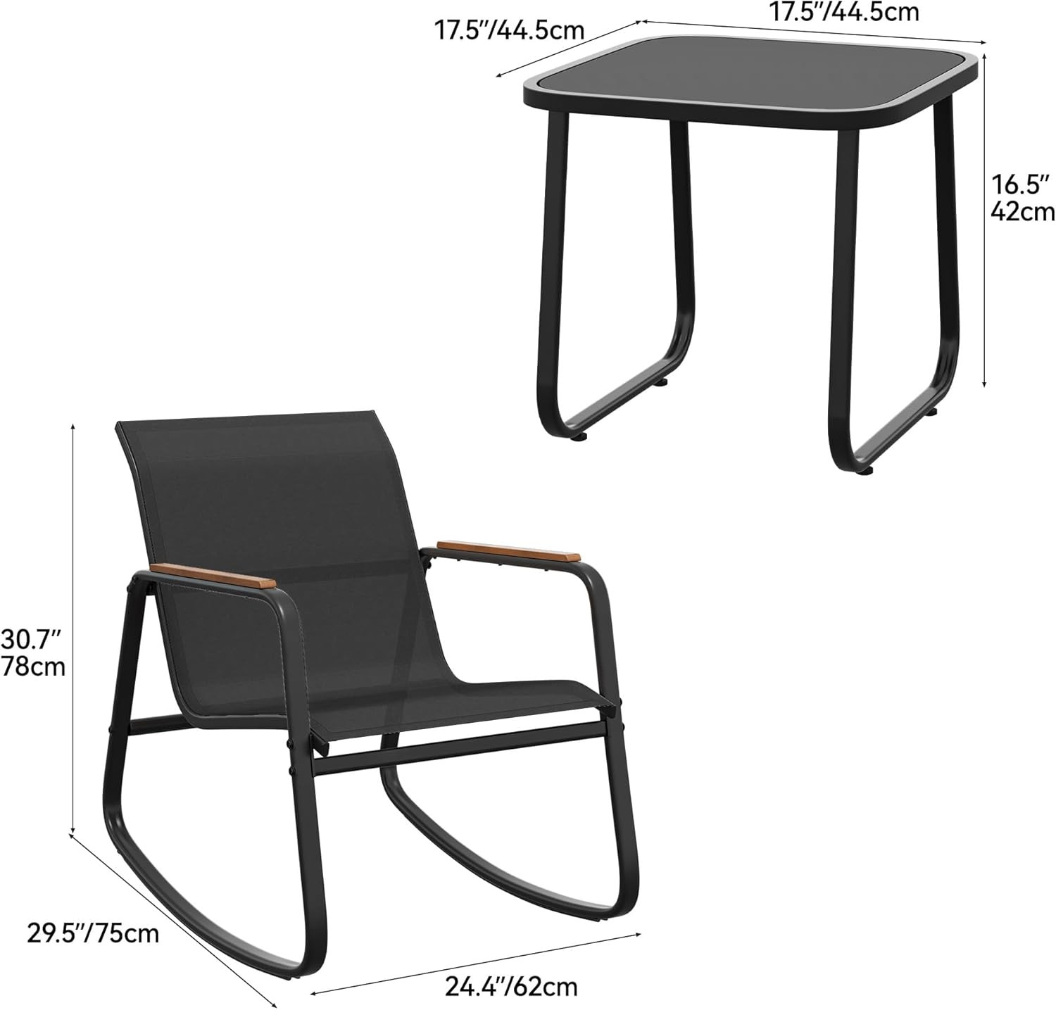 3 Piece Rocking Bistro Set, Outdoor Patio Furniture Set with Wooden Armrests, Po