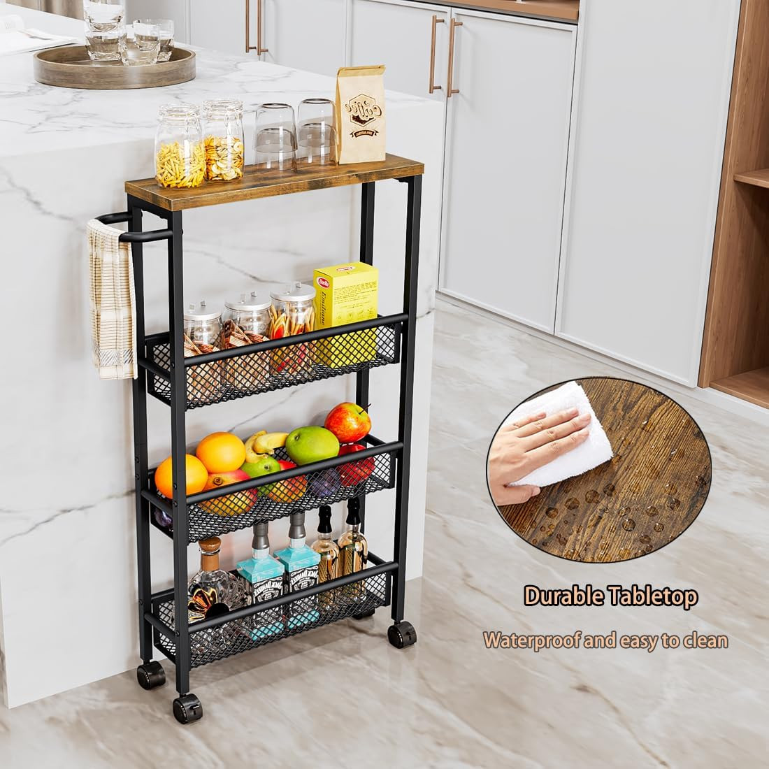 Slim Rolling Cart 4 Tier Narrow Storage Cart on Wheels with Handle | Lockable Wh